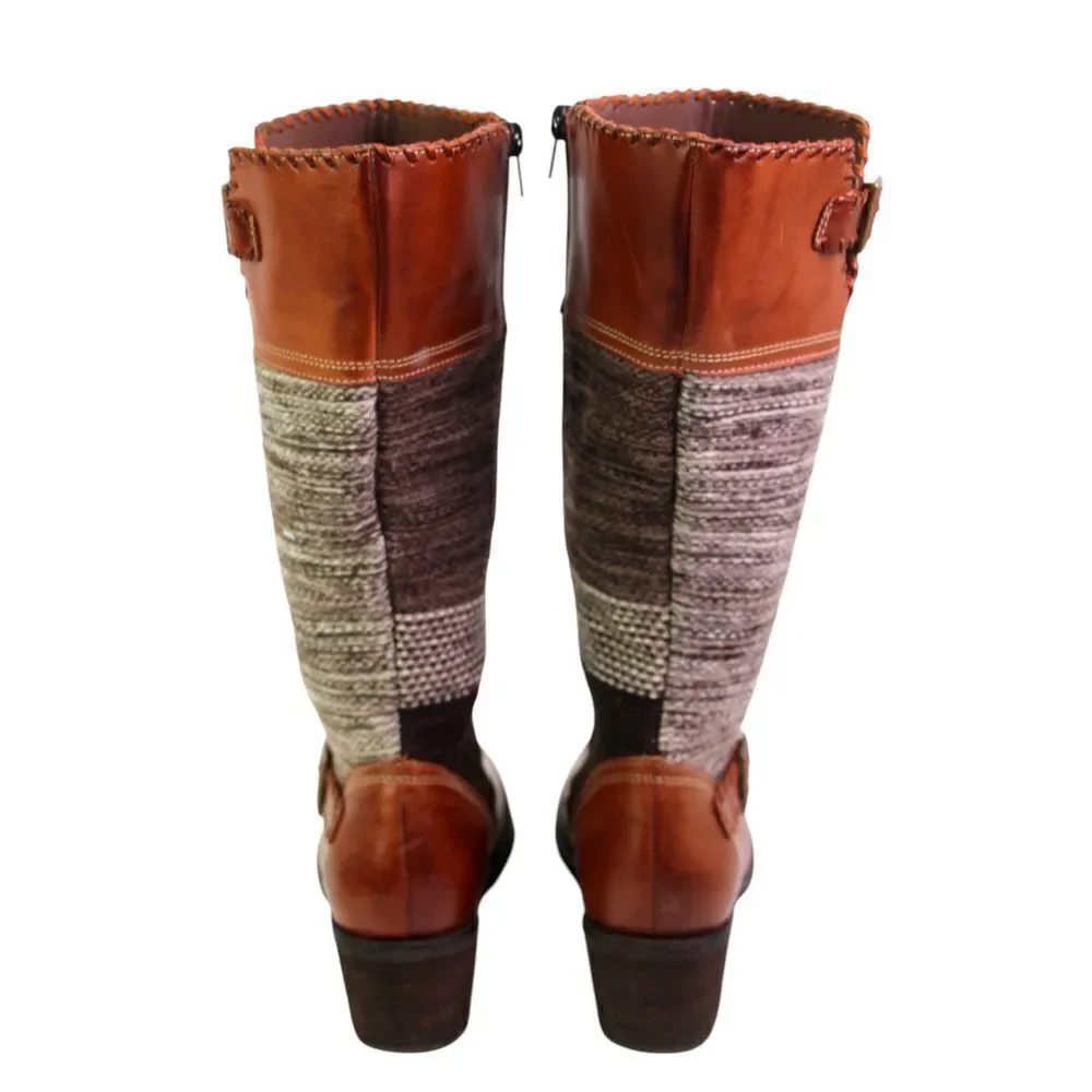Fortress of Inca BROWN LEATHER TAPESTRY MID HEEL ZIP SIDE ROUND TOE BOOTS Sz 6